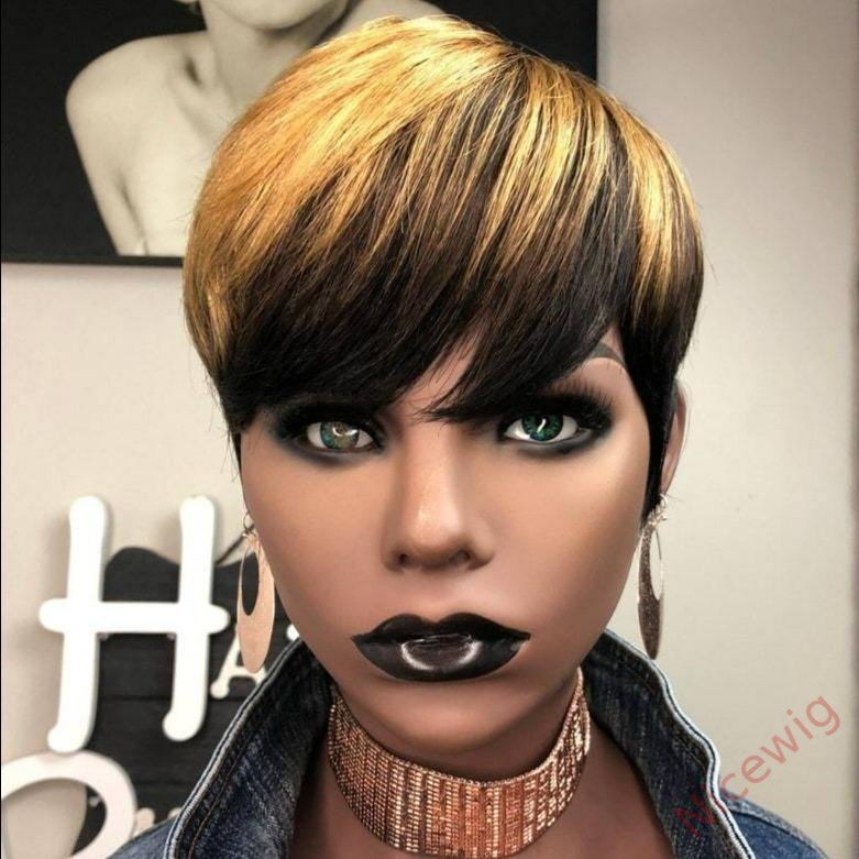 Black Gold Short Straight Bob Pixie Cut Hair Wig