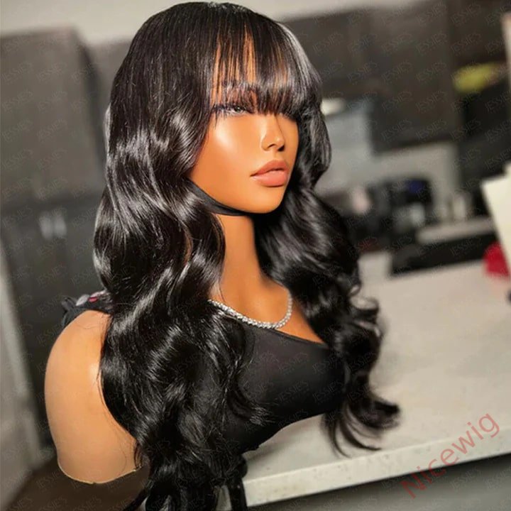 Brazilian Body Wave With Bangs Black Women Glueless Machine Made Remy Wigs