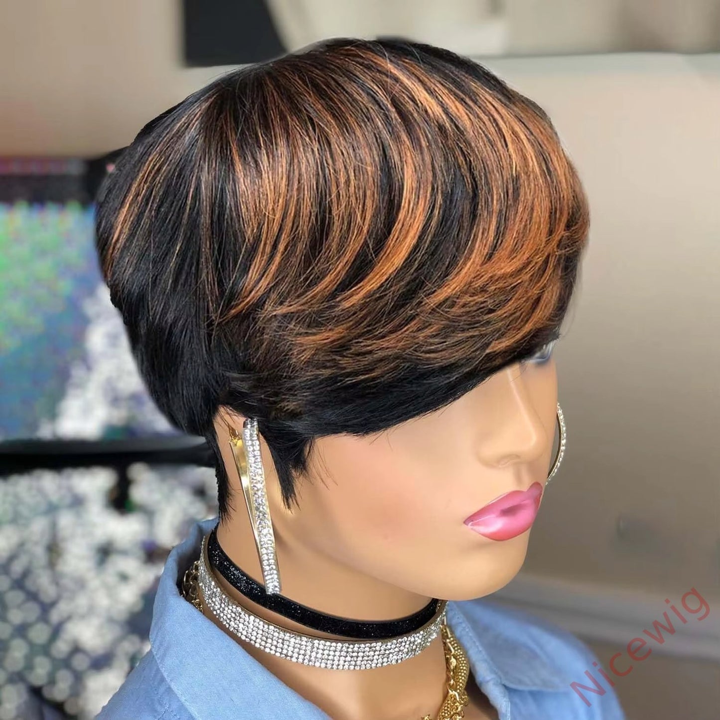 Glueless Black Gold Straight Hair Short Pixe Cut Wig