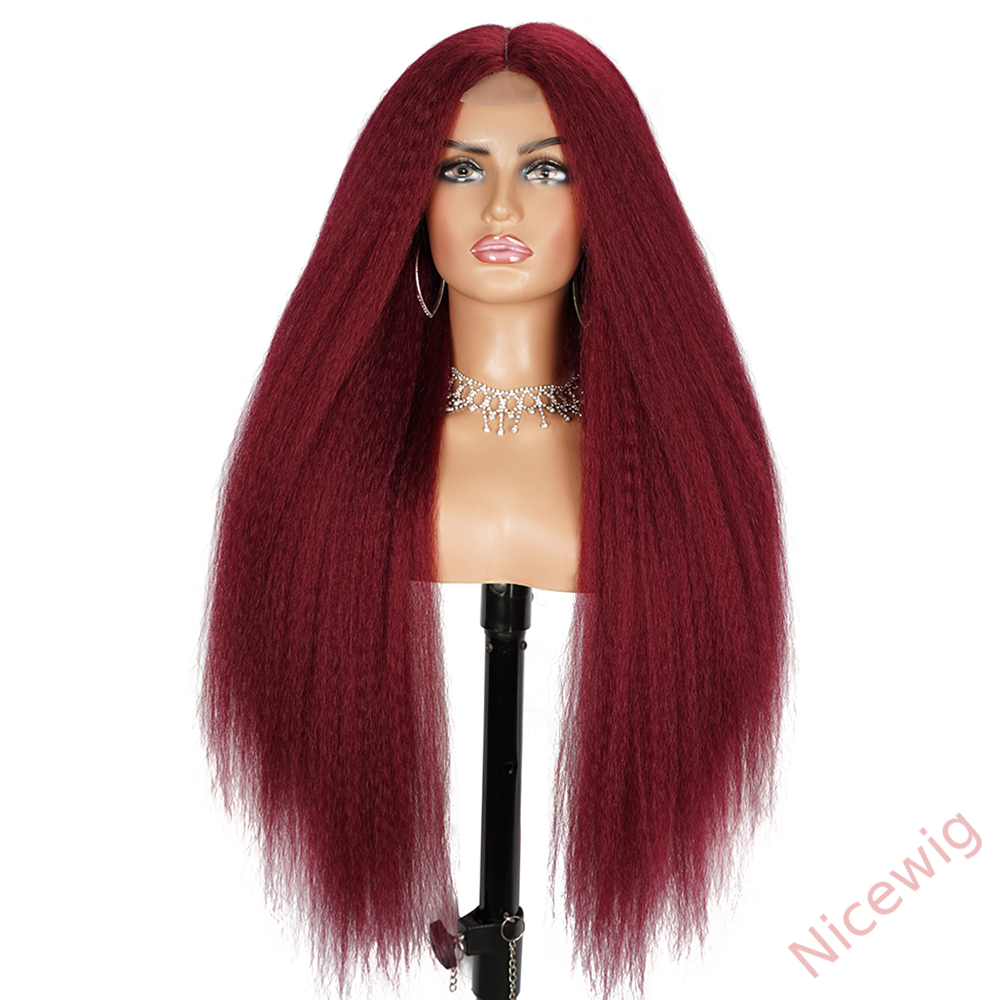 Glueless Wine Red Kinky straight 200% density brazilian Yaki Wig