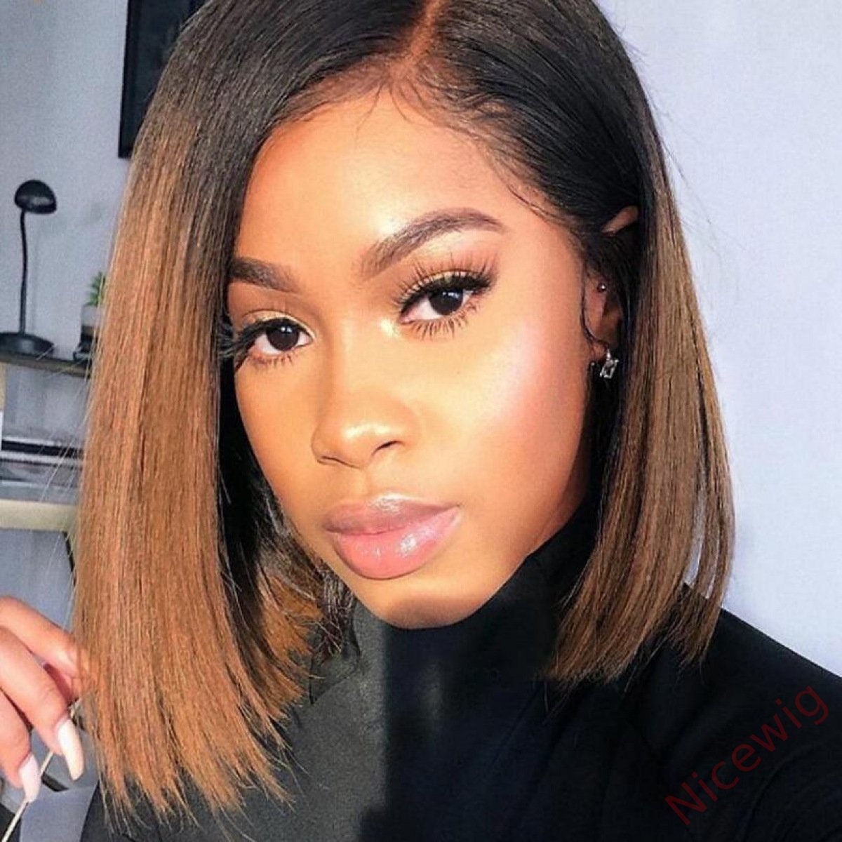 Black Gradient Dark Brown Brazilian Straight Hair BOB Wigs Lady Wig