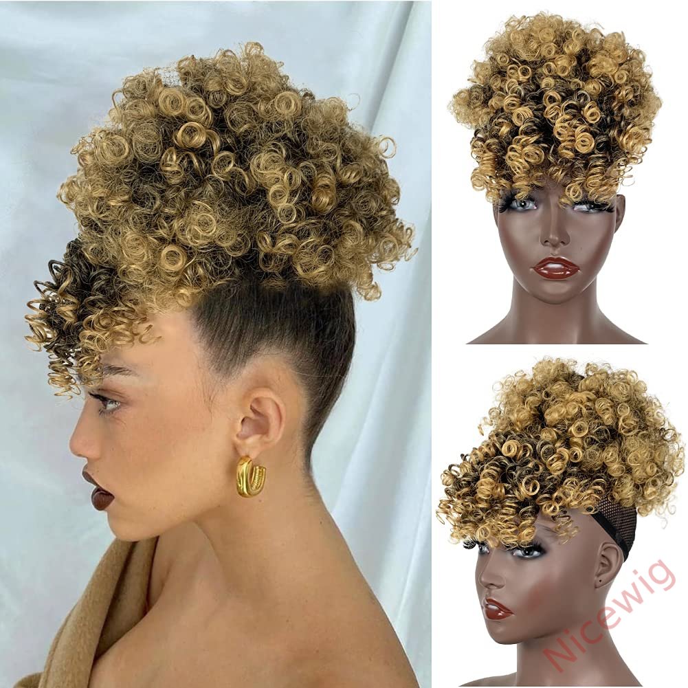 Gloden Blonde Afro Puff Drawstring Ponytail with Bangs Kinky Curly Hair Bun with Spring Curl Bangs Clip in Hairpieces
