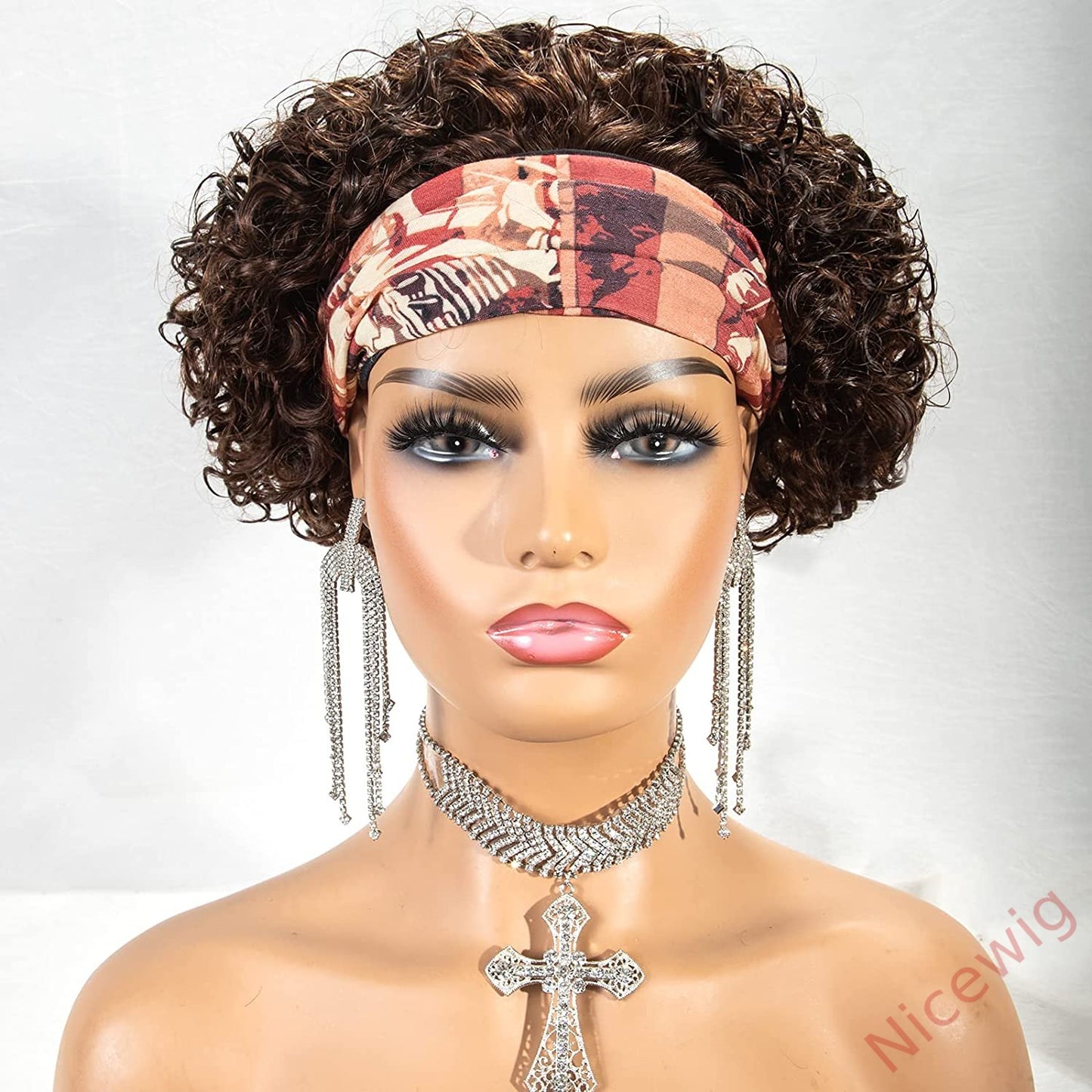 Brown Short Curly Hair Headband Bob Wig
