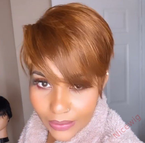 Glueless Light Brown Short Pixie Cut Wig Bob Straight Hair