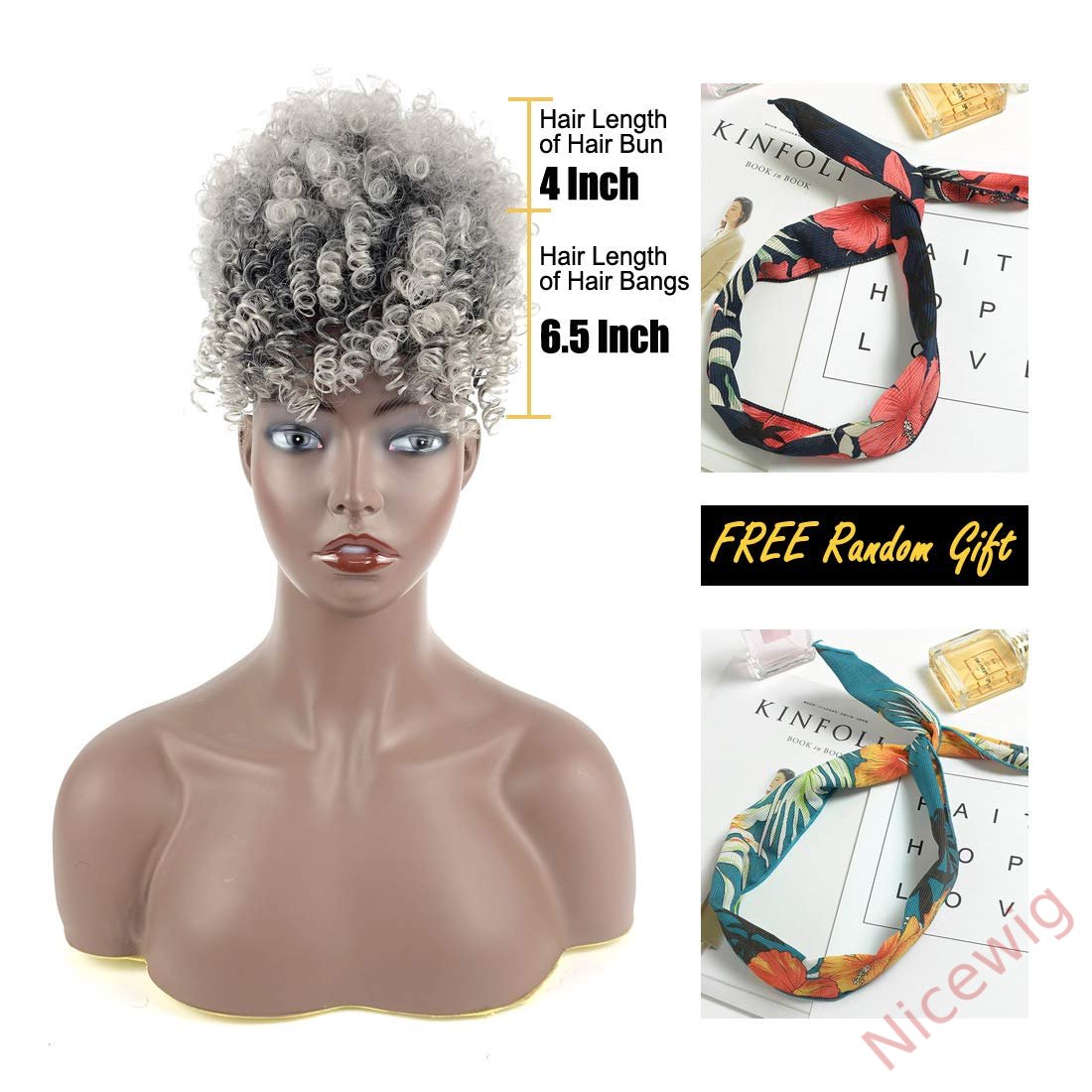 Gray Afro Puff Drawstring Ponytail with Bangs Wigs