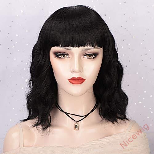 Natural Black Medium Hair Bob Body Wave Wig With Bangs