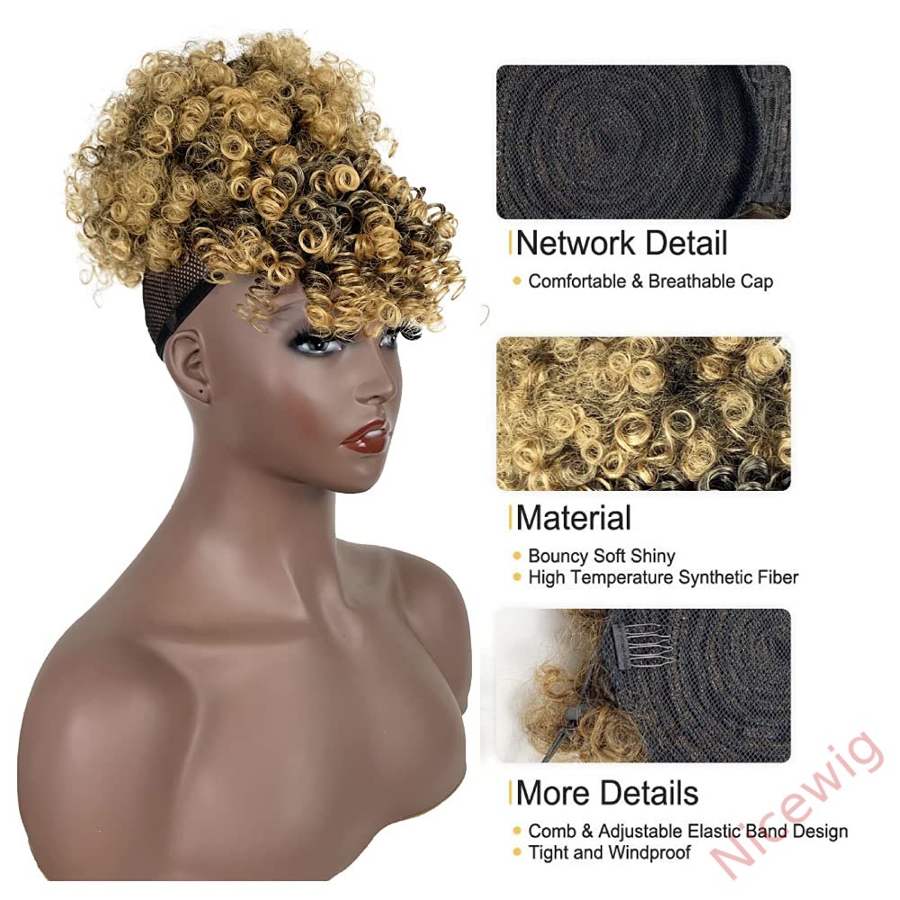 Gloden Blonde Afro Puff Drawstring Ponytail with Bangs Kinky Curly Hair Bun with Spring Curl Bangs Clip in Hairpieces