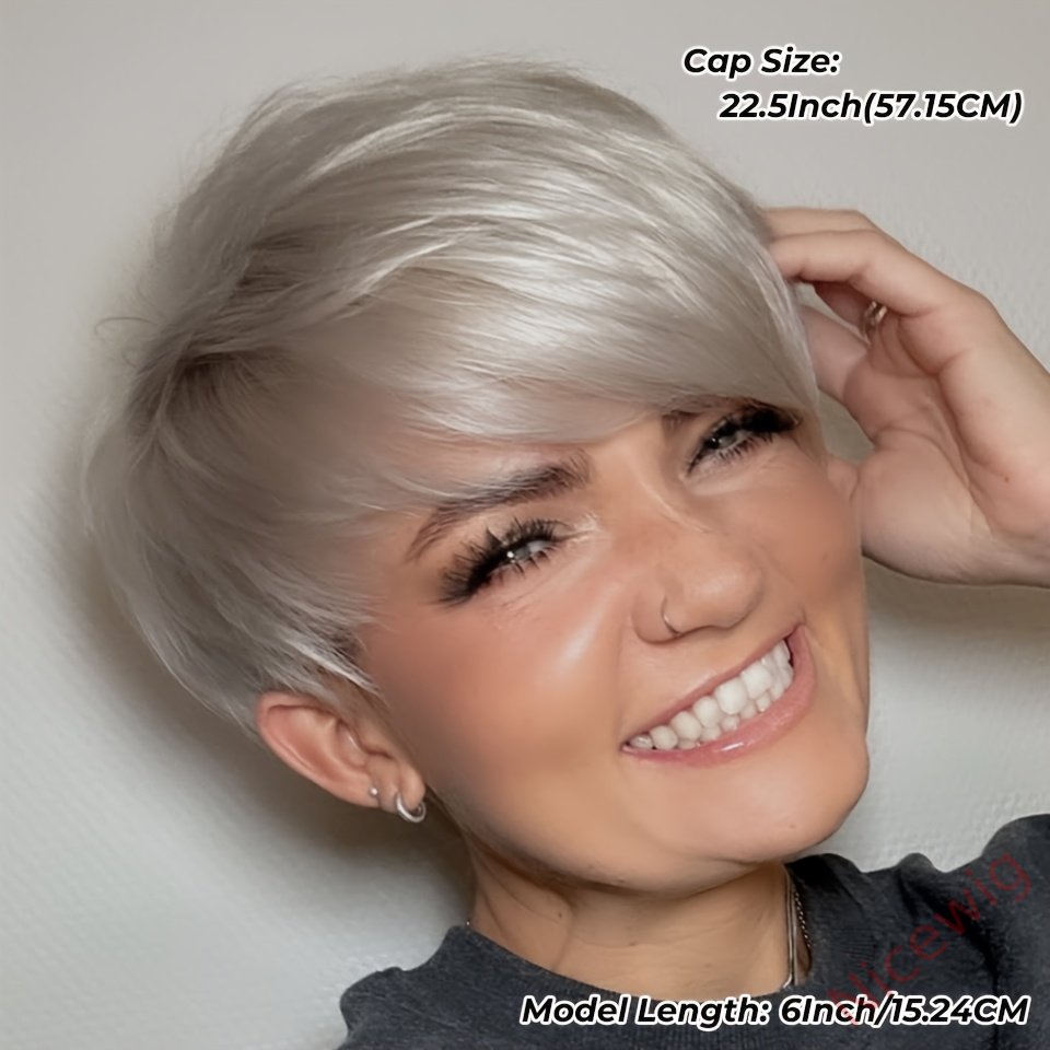 6 Inch Short Straight Pixie Cut Wig Silvery Grey 150% Density Brazilian Remy Hair