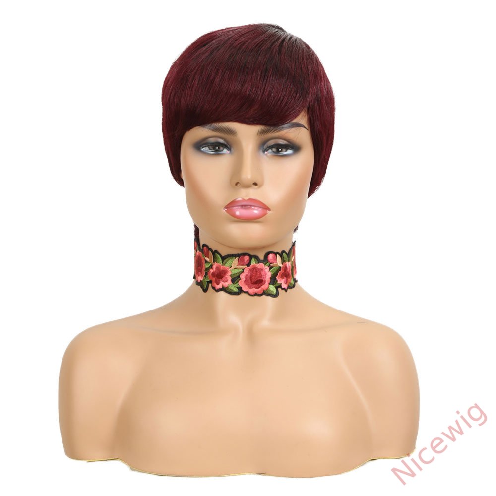 Glueless Wine Red Short pixie cut Wig 4 Inch Bob Straight Hair