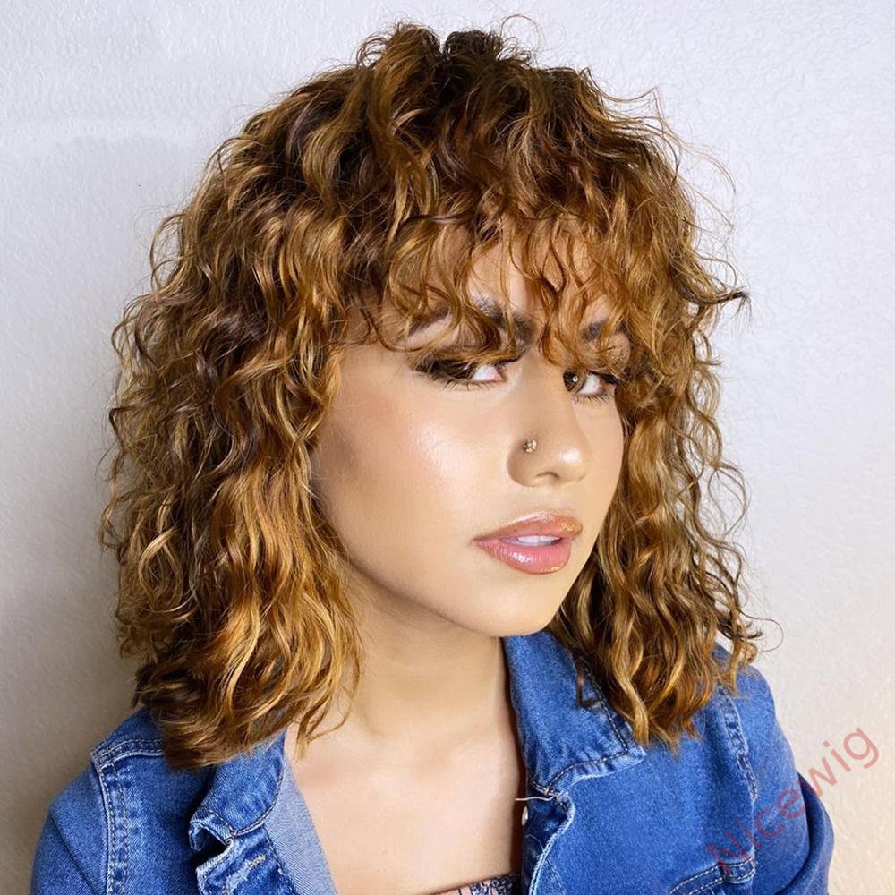 Light Brown/Black Color Brazilian Remy Curly Hair Wig With Bangs