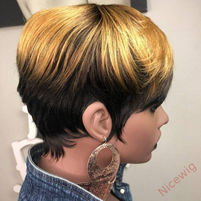 Black Gold Short Straight Bob Pixie Cut Hair Wig