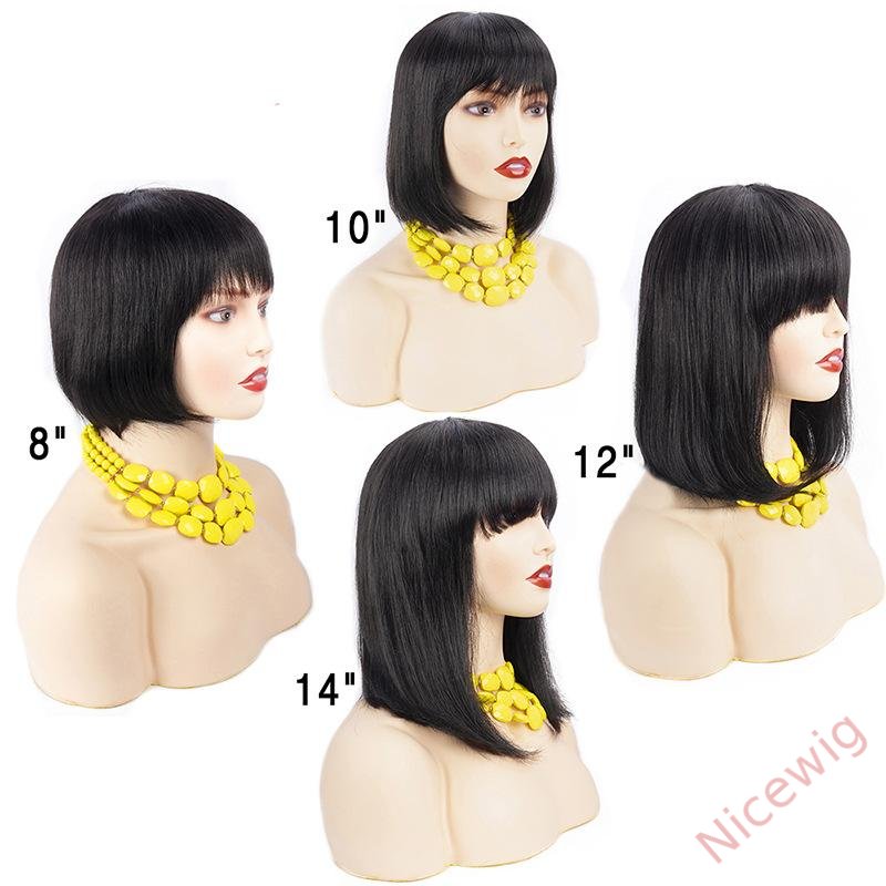 Black Brazilian Straight Hair Short BOB Wigs Lady Wig With Bangs