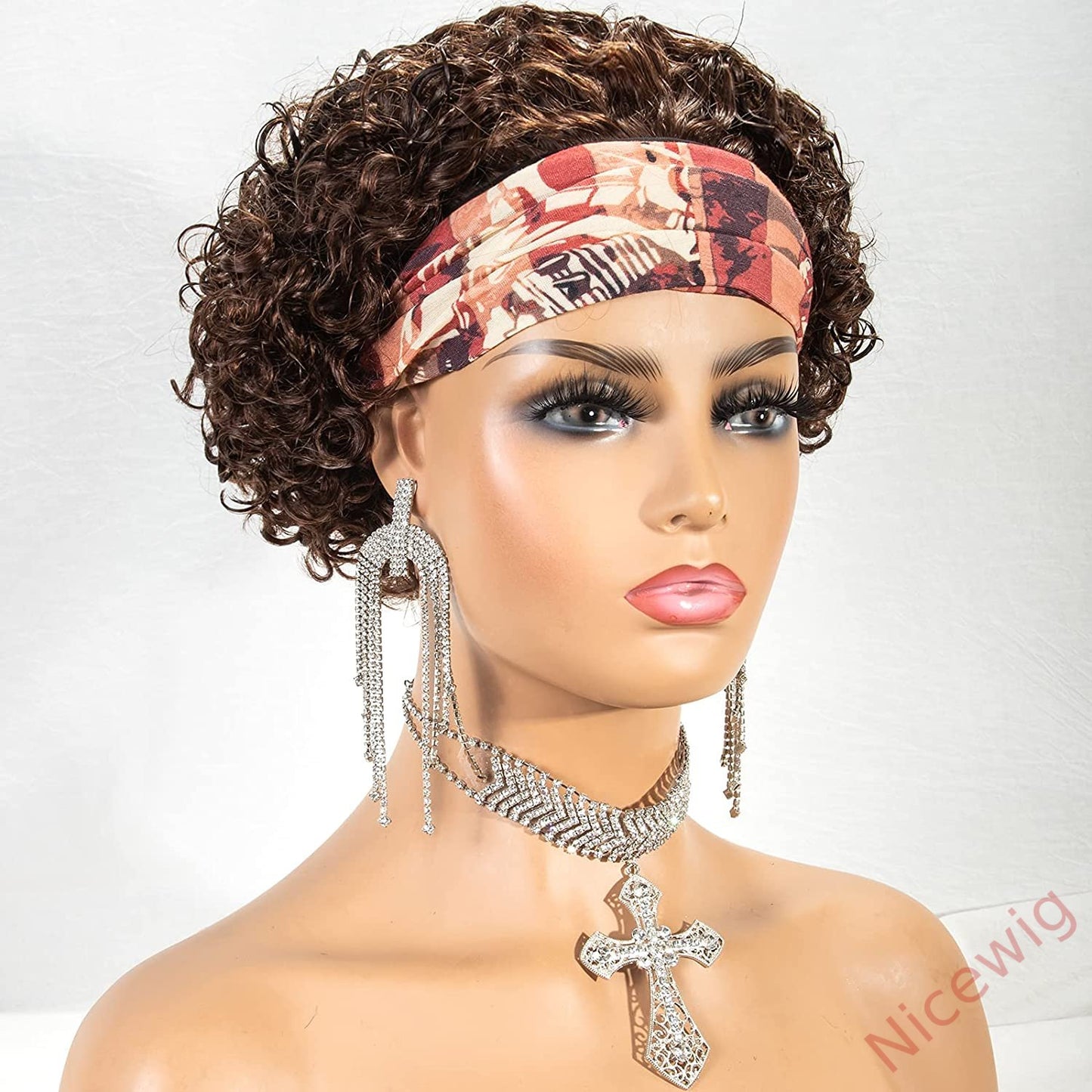 Brown Short Curly Hair Headband Bob Wig