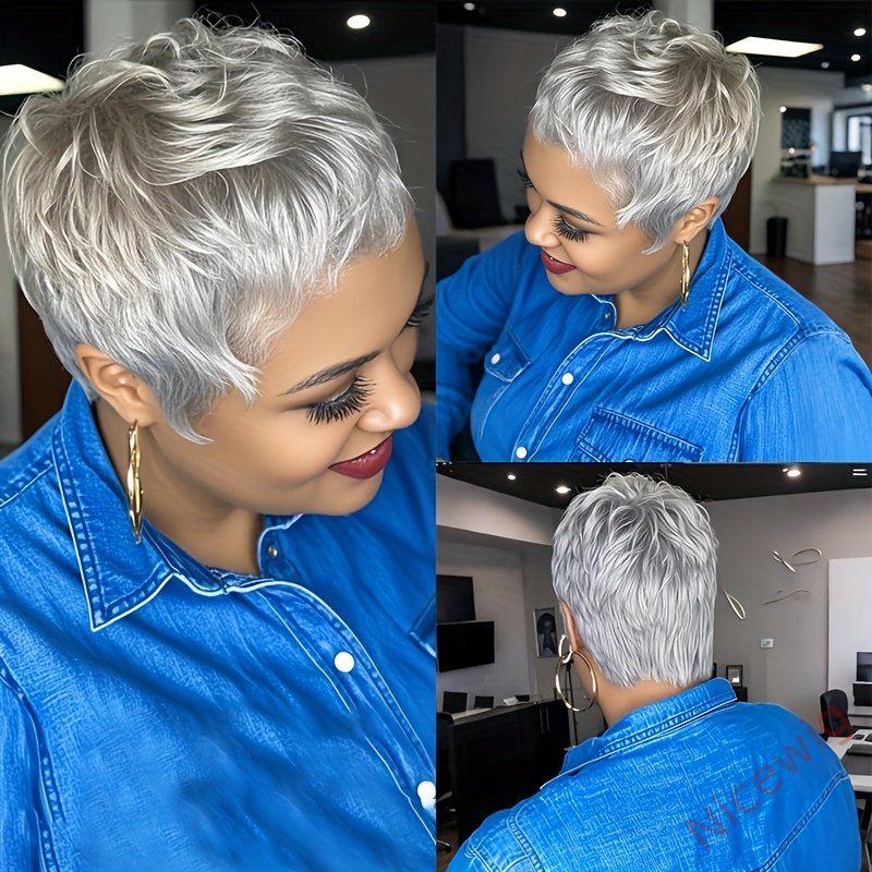 Short Straight Pixie Cut Wig Silvery Grey Brazilian Remy Hair