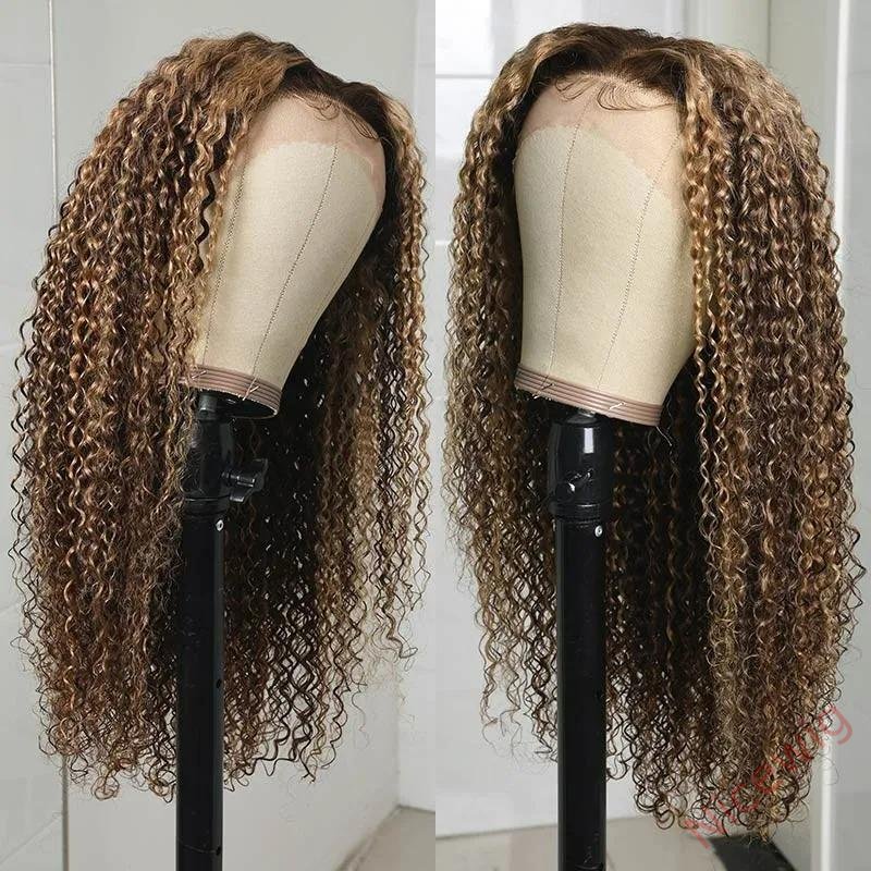 Hightlight Brown Mixed Blonde Brazilian Water Wave Long Hair Curly Wig