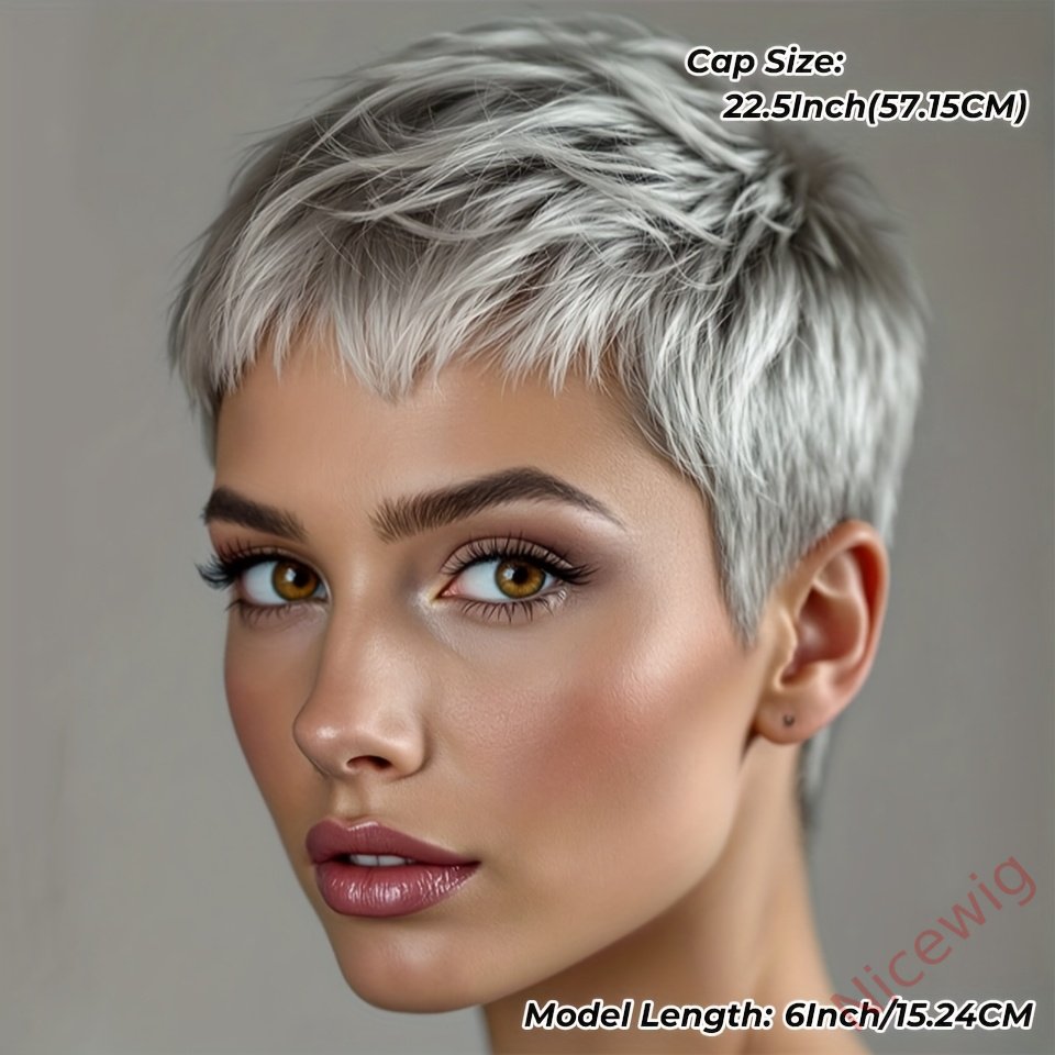 6 Inch Short Straight Pixie Cut Wig Silvery Grey 150% Density Brazilian Remy Hair