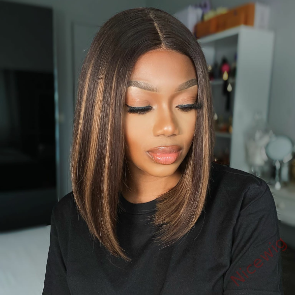 Straight Bob Wig Brown Mixed Blonde Highlights Wig