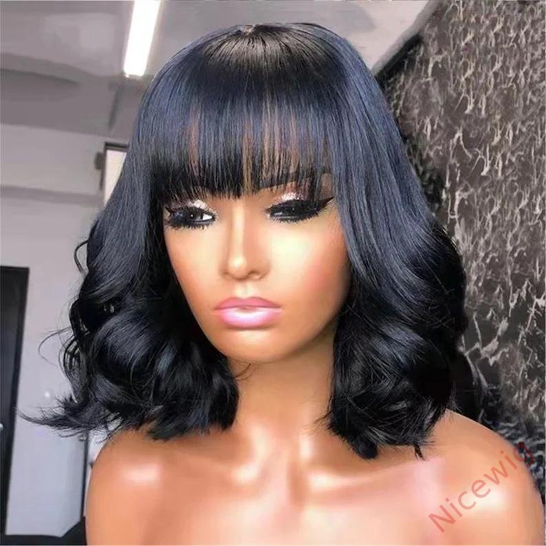 Natural Black Medium Hair Bob Body Wave Wig With Bangs