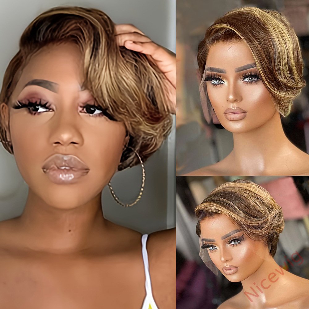 Glueless Short Wig Brown Mixed Gold Bob Straight Pixie Cut Hair