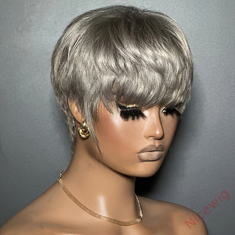 6 Inch Short Straight Pixie Cut Wig Silvery Grey 150% Density Brazilian Remy Hair