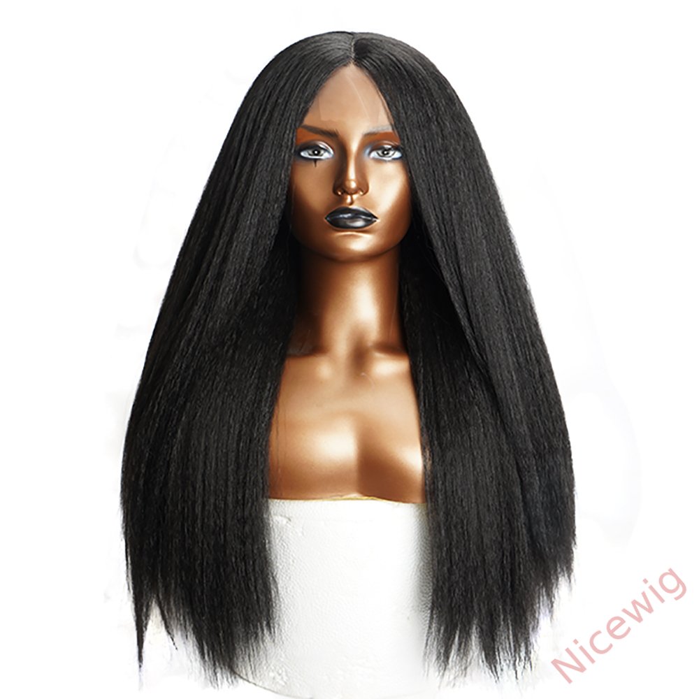 Glueless Kinky Yaki Straight Brazilian Black Long Wigs