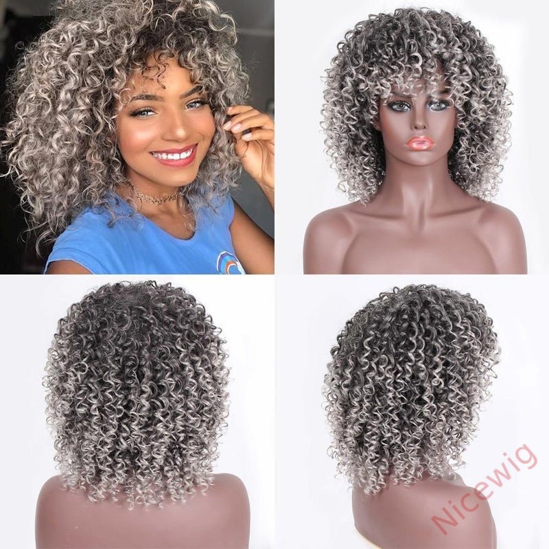 Salt and Pepper Curly Hair Wig With Bangs Glueless Wigs
