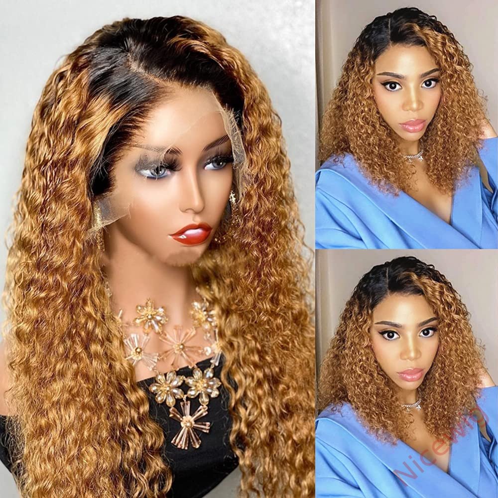 Glueless Black Gradient Light Brown Brazilian Curly Wigs
