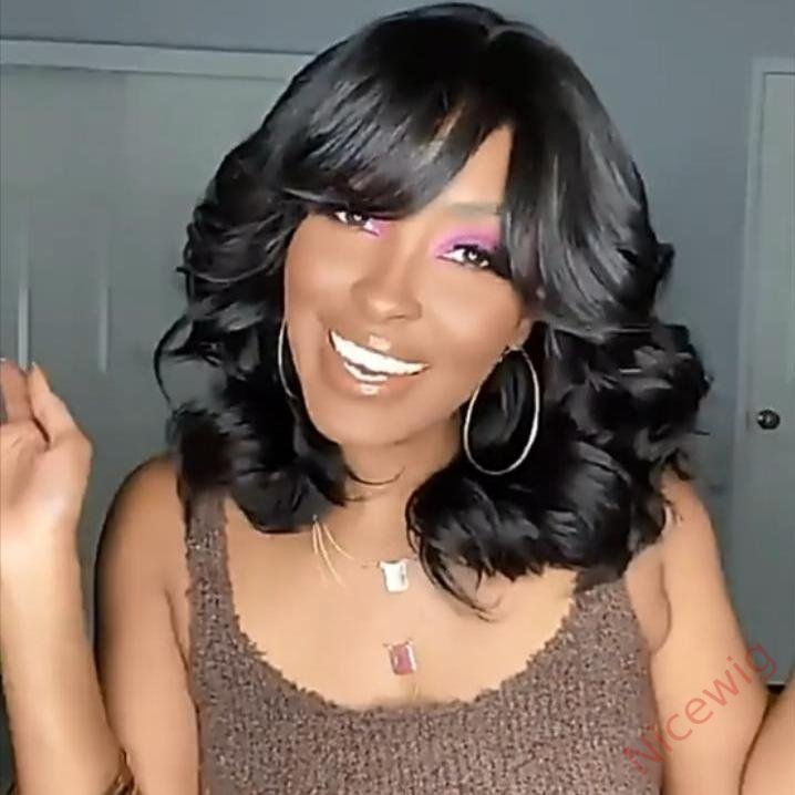 Natural Black Medium Hair Bob Body Wave Wig With Bangs