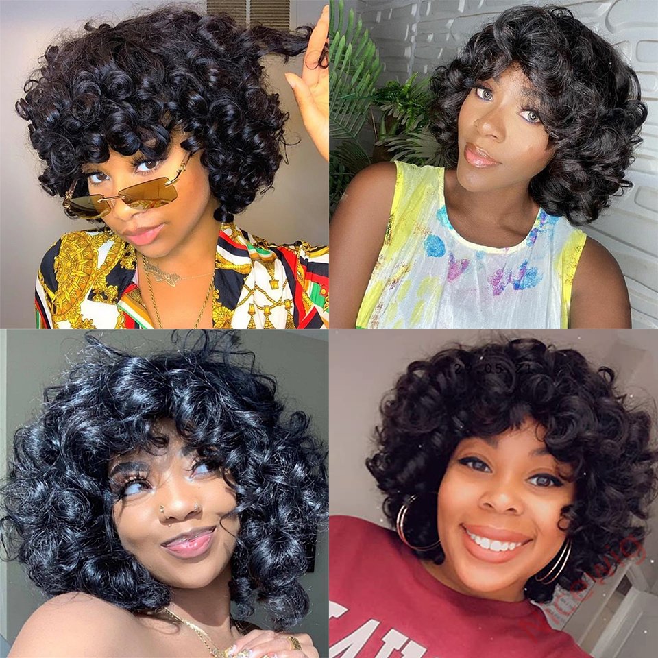 Kinky Curly Wigs With Bangs Fluffy African Ombre Glueless Wigs
