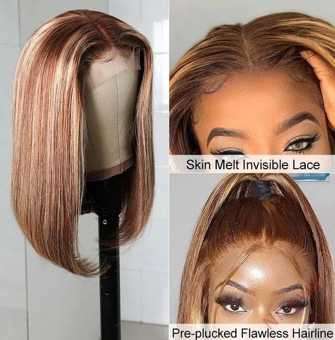 Straight Bob Wig Brown Mixed Blonde Highlights Wig