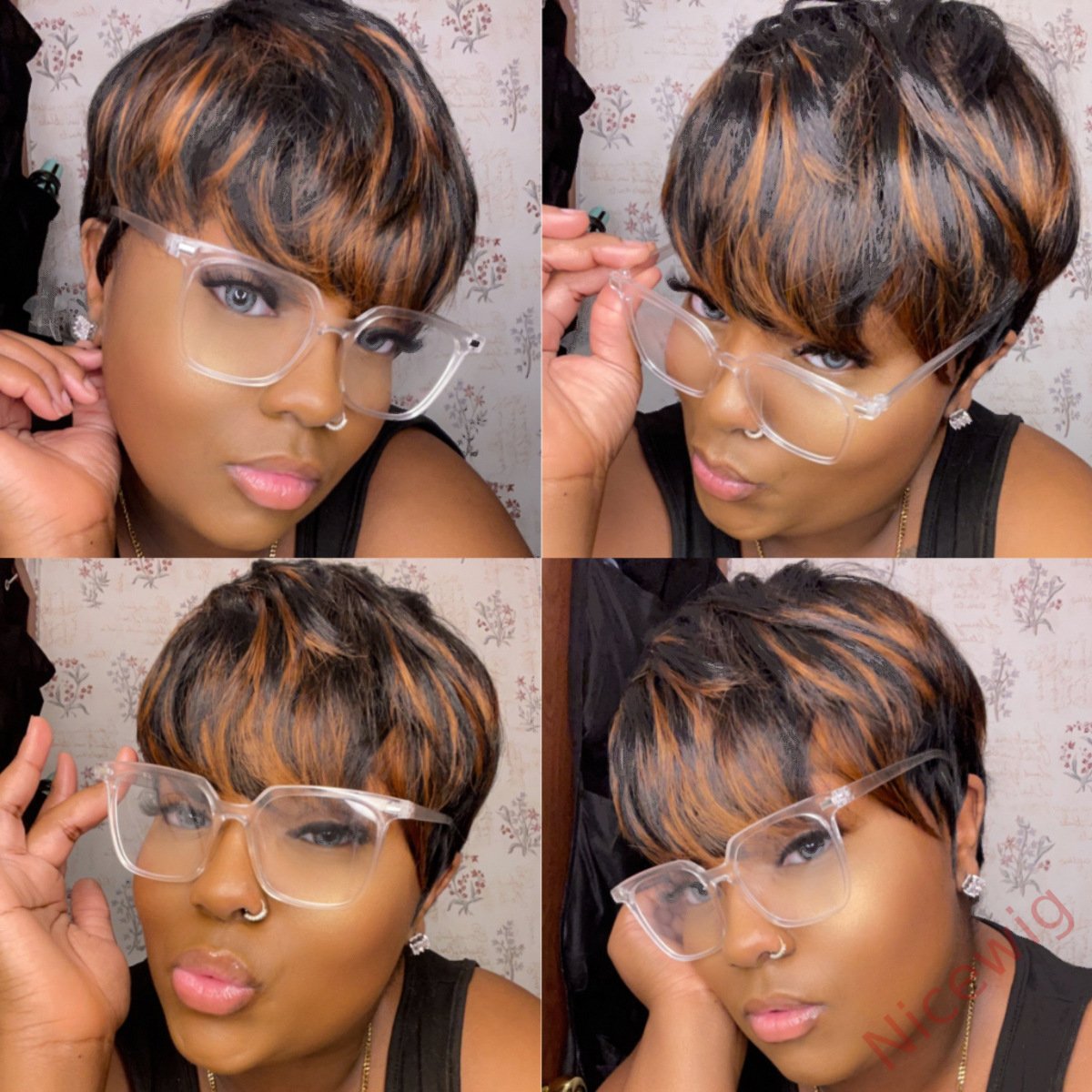 Glueless Black Gold Straight Hair Short Pixe Cut Wig