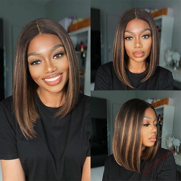 Straight Bob Wig Brown Mixed Blonde Highlights Wig