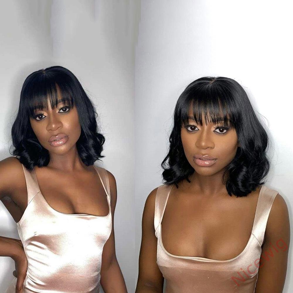 Natural Black Medium Hair Bob Body Wave Wig With Bangs