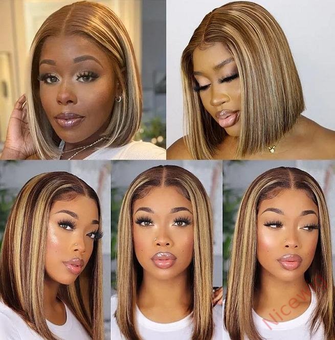 Straight Bob Wig Brown Mixed Blonde Highlights Wig