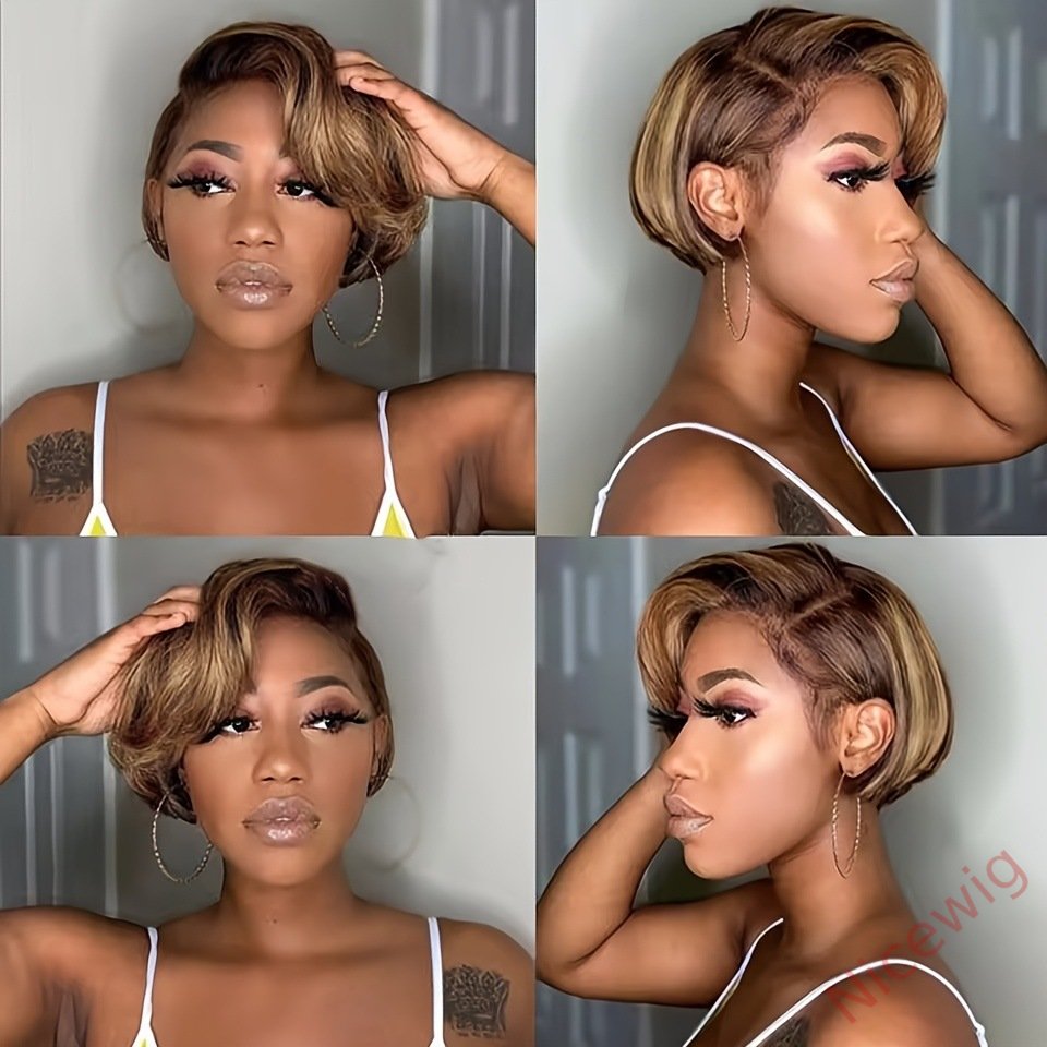 Glueless Short Wig Brown Mixed Gold Bob Straight Pixie Cut Hair