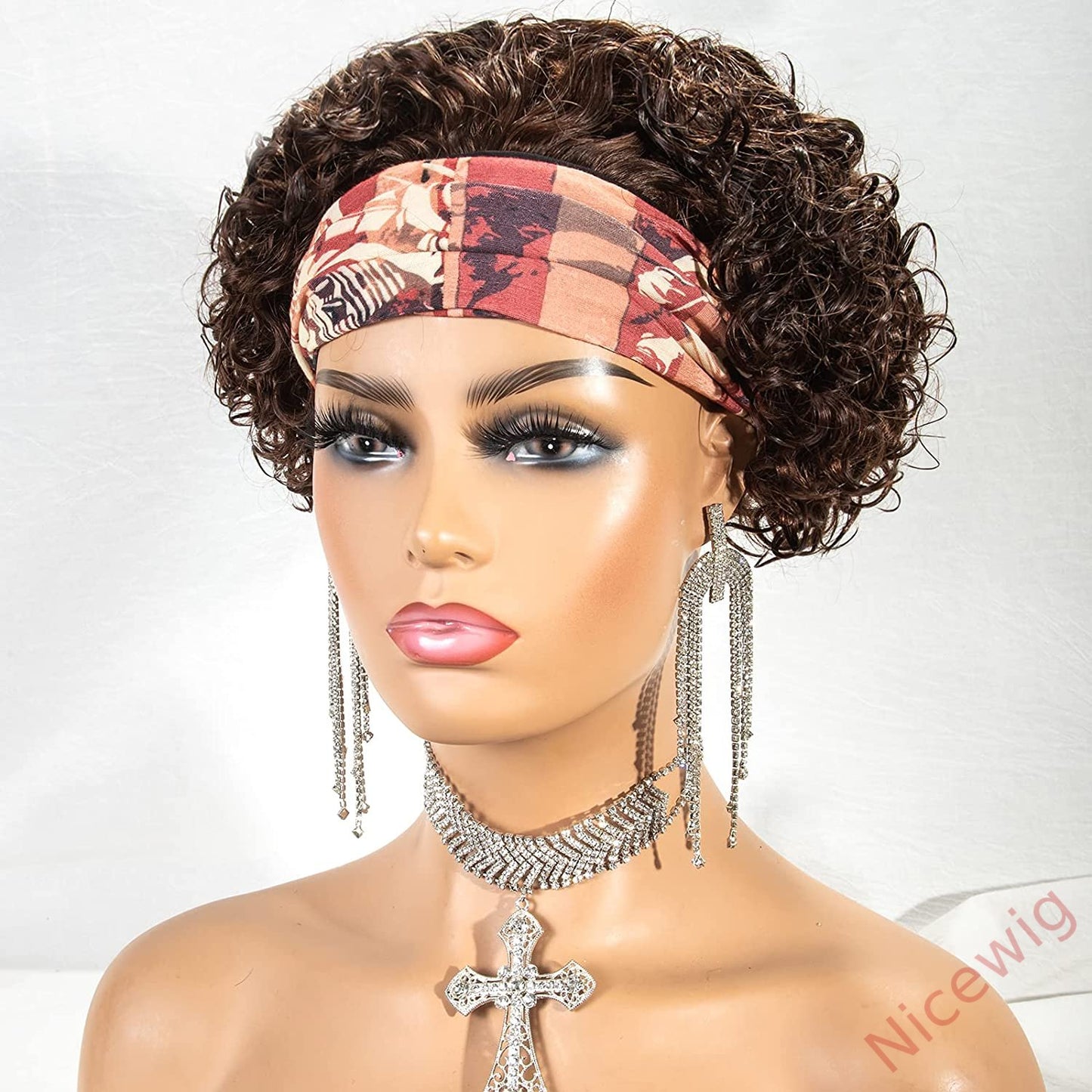 Brown Short Curly Hair Headband Bob Wig