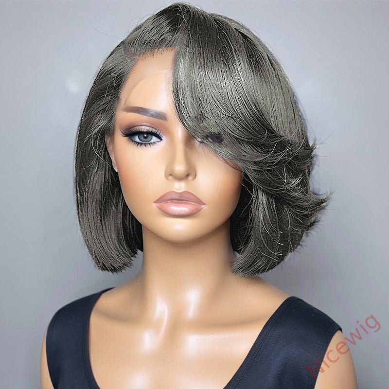Salt and Pepper Grey Glueless Wavy Bob Hair Wig