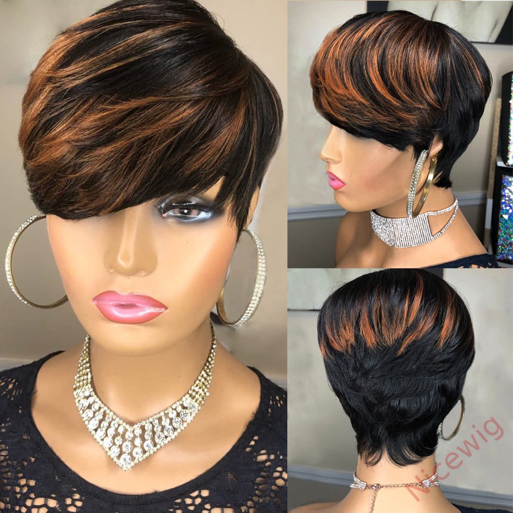 Glueless Black Gold Straight Hair Short Pixe Cut Wig