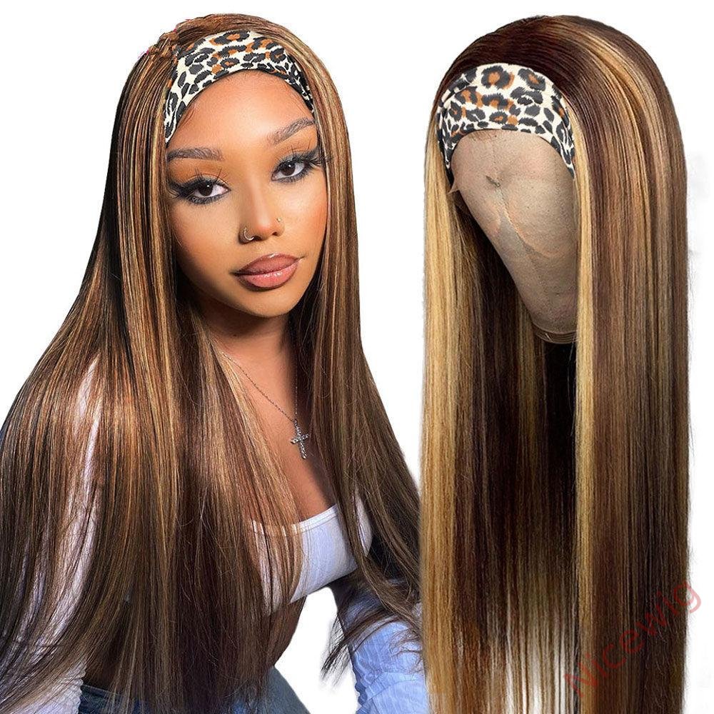 Brown Mixed Gold Long Straight Hair Headband Wig