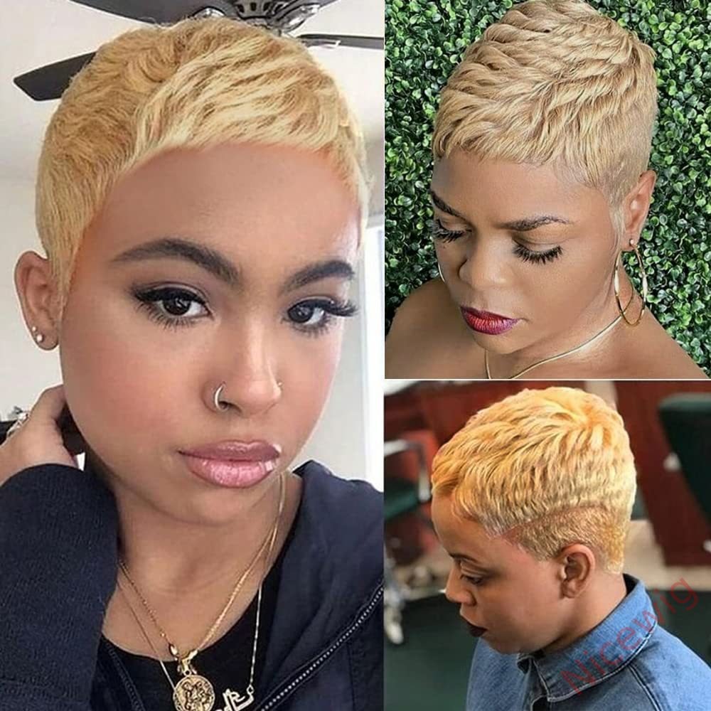 Glueless Blonde Short Straight Pixe Cut Wig