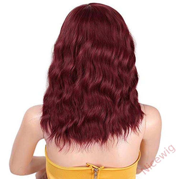 Wine Red Medium Hiar Bob Body Wave Wig With Bangs