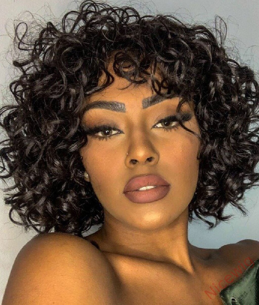 Black Brazilian Remy Curly Hair Bob Wig With Bangs Glueless Wig