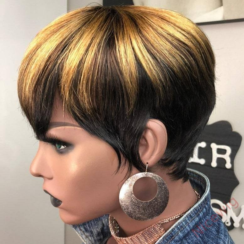 Black Gold Short Straight Bob Pixie Cut Hair Wig