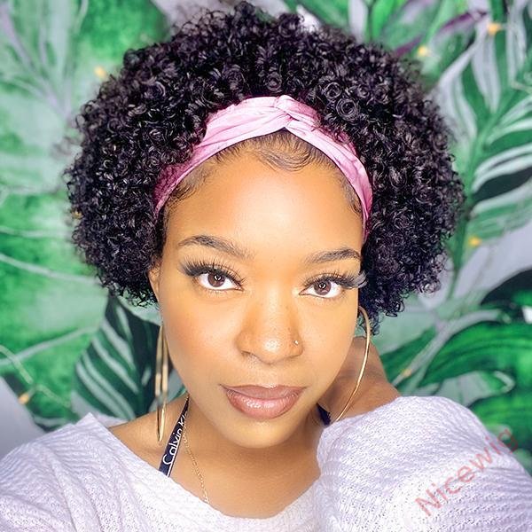 Natural Black Short Curly Hair Headband Bob Wig