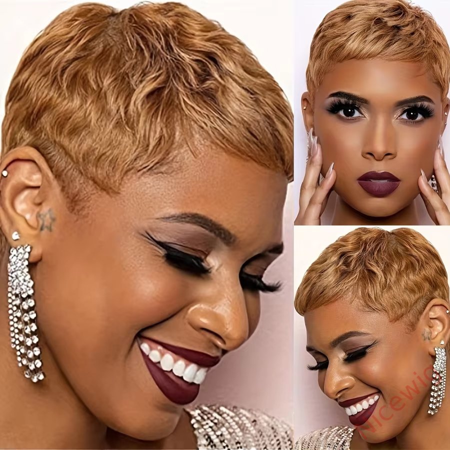 Glueless Golden Straight Hair Short Pixe Cut Wig