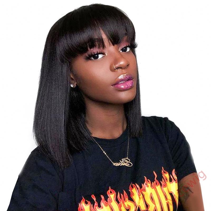 Black Brazilian Straight Hair Short BOB Wigs Lady Wig With Bangs