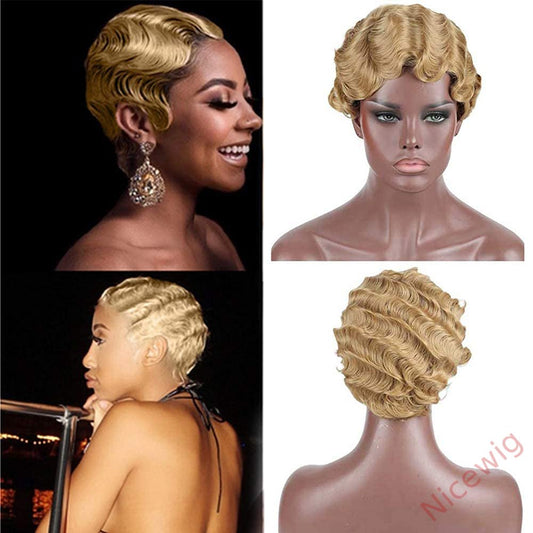 Blonde Short Finger Wavy Heat Fiber Wigs Looks Natural