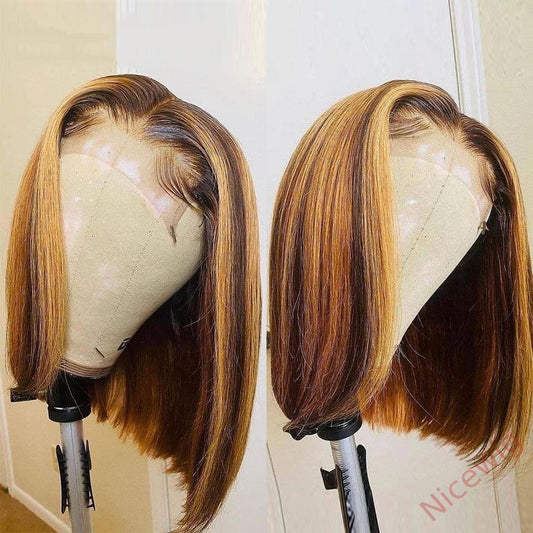 Straight Bob Wig Brown Mixed Blonde Highlights Wig