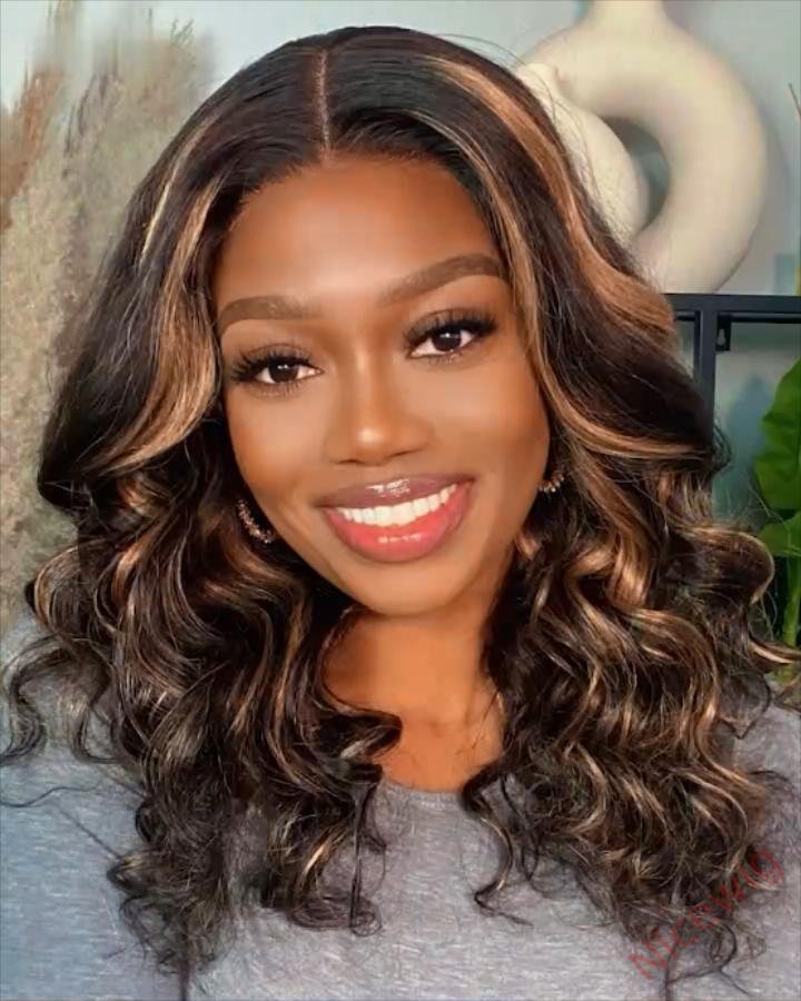 Brown Mixed Blonde Highlights Loose Wave Glueless Wig