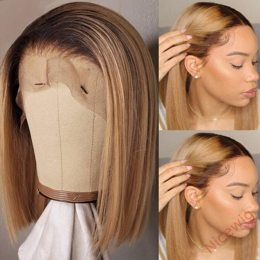 Black Gradient Light Brown Brazilian Straight Hair Bob Wigs Lady Wig